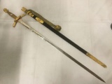 Ceremonial Sword with Scabbard, c. Early 1900s. Ornate sword with gilt and velvet scabbard