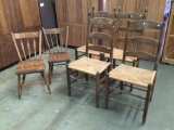 4 antique Ladder Back Chairs with Rush Seats & 2 additional small chairs