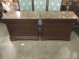 Pair of 3 drawer red marble top end tables / nightstands by Newport Cabinet