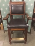 Modern mahogany & leather smoking / bar armchair with cushioned seat & back