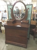 Modern mahogany antique reproduction deco style vanity dresser w/ 5 drawers & oval mirror