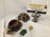 4 piece set; covered wooden turtle bowl with Malachite and nephrite jade turtles inside