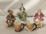 5 pc of vintage & antique hand painted porcelain pcs incl. 3 figures & 2 Snel ware toby mugs