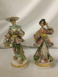 Pair of vintage painted Porcelain Japanese Women, made in Italy. Signed Tiani