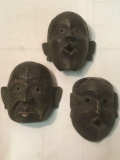 3 Antique Wooden Carved Masks from Southeast Asia, have maker wax stamp on back