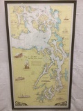 Large vintage 1989 map of Puget Sound and the San Juan Islands in frame