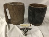 2 antique wood items; mug from mountain tribe in Philippines and small barrel