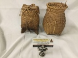 Pair of 2 antique baskets made in Bhutan - beer filter and basket with lid and wood frame