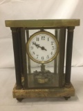 Antique alabaster Shelf Clock w/ engraving: John Simmons Co. May 29 1913. Incl. pendulum & key