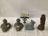 4 vintage/ antique stone carvings - Indian cow figurine, repaired bust and two dials