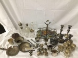 Large collection of antiques incl. glass cruet sets, strainer, kitchen goods, silverplate +