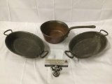 3 antique copper pans/saute pot - 2 marked Leon Jaeggi and Sons