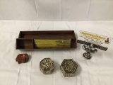 2 silver tone ornate potpourri boxes, incense box set and elephant incense holder