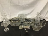 8 pieces of vintage crystal; candy dishes, pitcher, 2 decanters, cake stand, etc