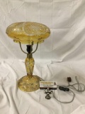 Antique acid etched cut yellow tinted crystal table lamp with brass fixture