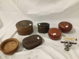 6 antique wood containers with lids and small woven basket