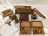 Vintage wooden games and puzzles; pick up sticks, number game, wood block puzzles and more