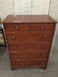 Antique wooden 6 drawer tall boy wood dresser - clean mission style design