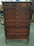 Antique carved mahogany tall boy dresser with 9 drawers - missing 2 pulls