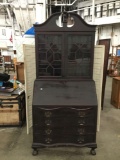 Antique colonial style locking secretary hutch cabinet with claw feet and glass doors