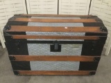 Humpback wood trunk with pressed tin and interior shelf