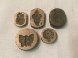 Set of 5 brass molds with different ornate designs incl. shells, butterfly, etc