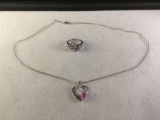 Attractive sterling silver necklace / deep pink stone pendant and matching ring