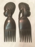 Pair of vintage hand carved ebony wood combs from Zambia