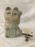 Antique wood carved kitty figure, Maneki-Neko - beckoning cat, Japanese lucky charm
