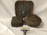 3 antique asian woven food baskets and tray