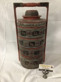 Antique lacquerware food carrier/containers from Burma - fine detail