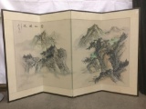 4 panel Japanese folding screen with misty mountain landscape scene - signed