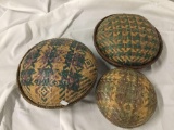 3 antique tribal woven food bowls with lids