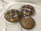 3 antique tribal woven food bowls with lids