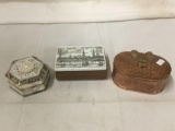 3 vintage jewelry/trinket dresser boxes - hammered copper, mother of pearl, etc
