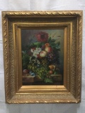 Original still life fruit and flower painting on canvas in original frame - artist unknown