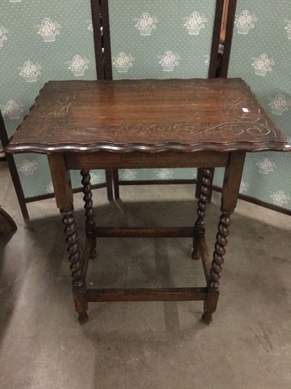 Antique mahogany wavy edge top side table with wood carved design & turned legs