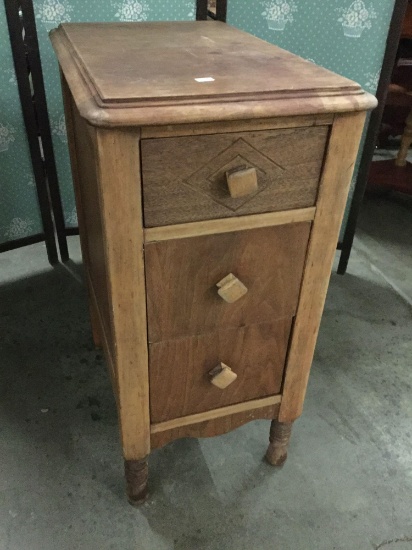 Antique art deco faded walnut nightstand / end table with 3 drawers