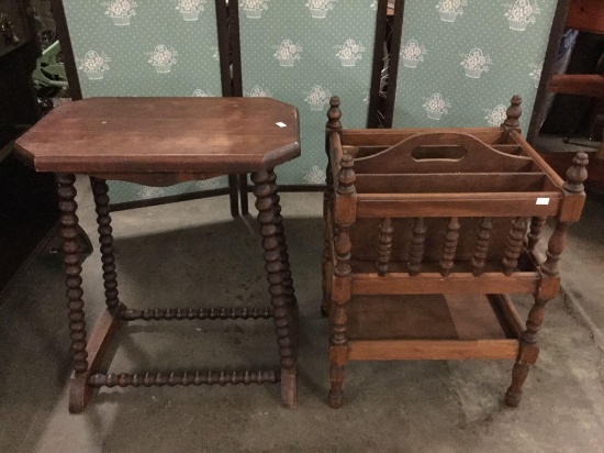 2 pc lot - vintage magazine rack and barley twist leg mahogany end table