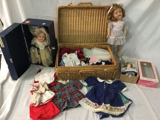 3 antique Ideal Shirley Temple dolls w/ doll trunk and wicker suitcase full of doll clothes