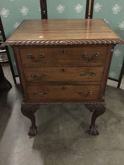 Antique carved 3 drawer nightstand / storage bureau w/ clawed feet