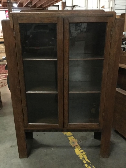 Antique thick mission style oak 3 tier glass front bookshelf / cabinet