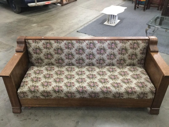 Antique thick oak mission style frame sofa couch / hide a bed with flower upholstery - as is