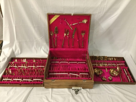 Massive brass flatware set for 12 incl. serving pieces with wood case