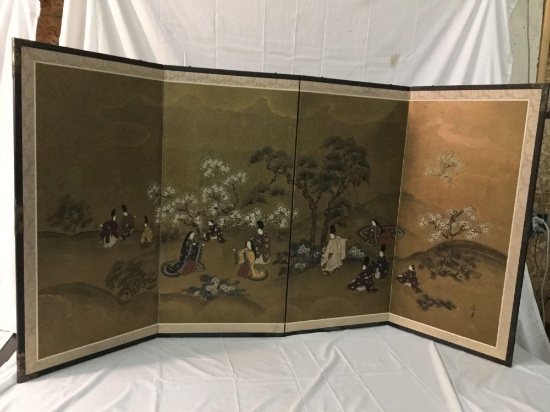 Vintage hand painted Japanese 4 panel screen - classic scene