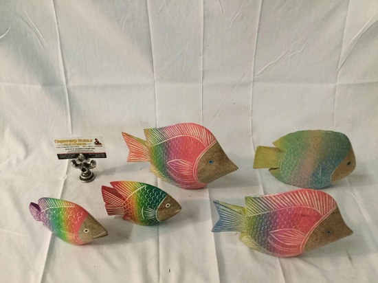 5 carved wood rainbow painted fish art figures - various sizes