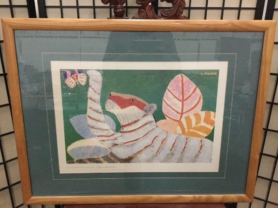 Framed lithograph of Tiger and Butterfly by Laura Fiume Italy, date unknown