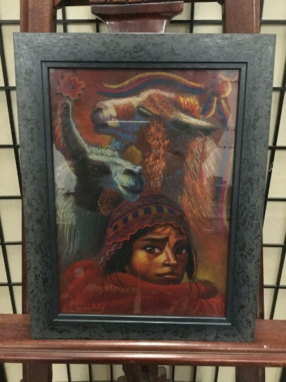 Framed original artwork signed by the artist - believed to be Peruvian