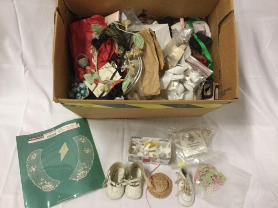 Large lot of doll clothes, shoes, fabrics, accessories and more.