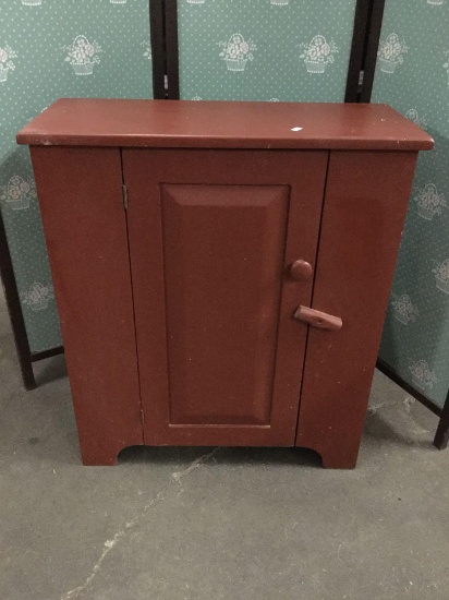 Vintage wood cabinet, painted rust red/ brown, approx 25 x 10 x 28 inches.